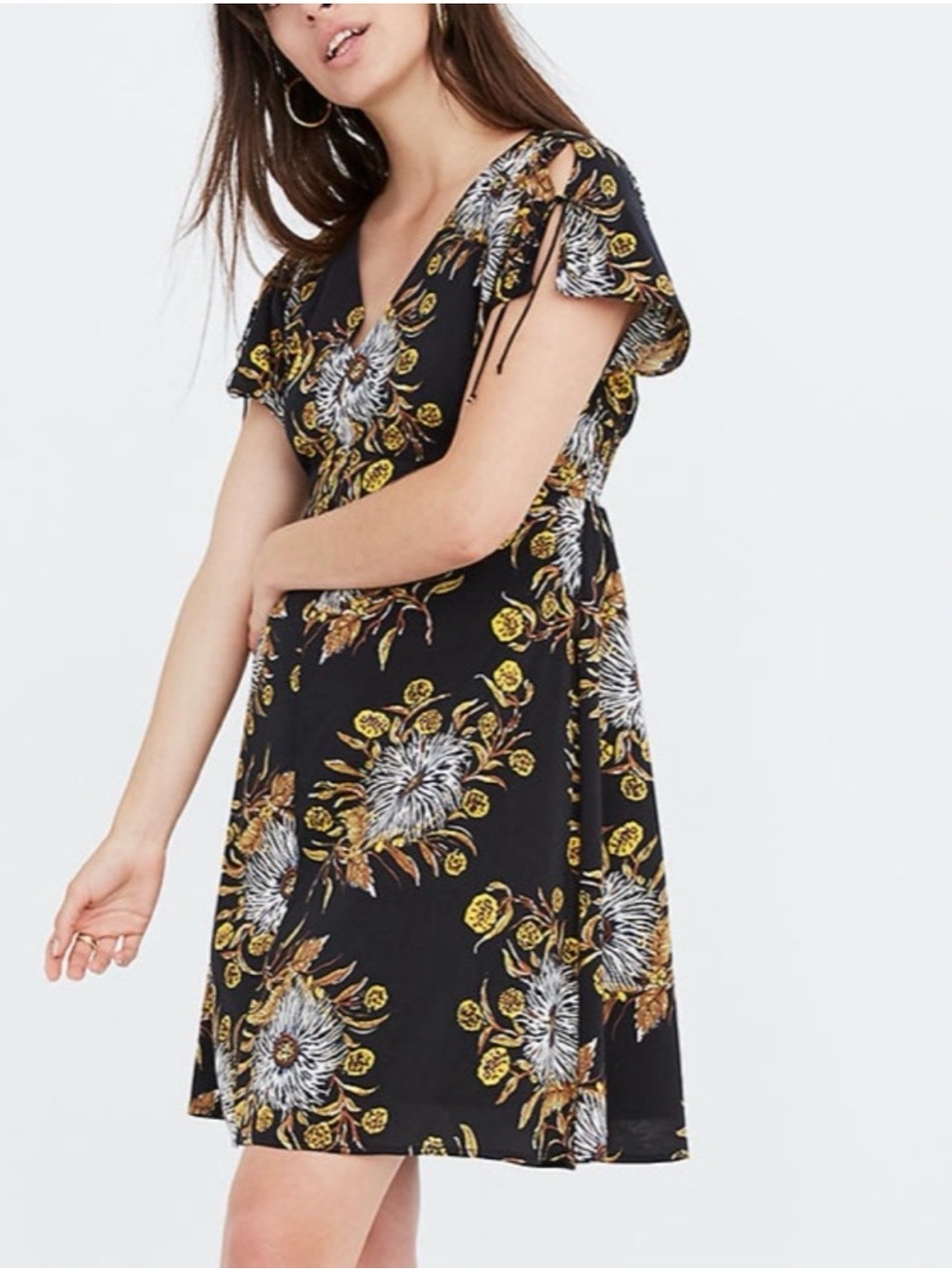 Madewell Flutter sleeve open-back Black Floral V-Neck Dress